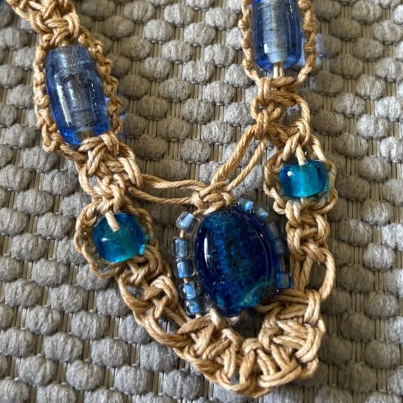 Macrame 16" Blue Glass Bead Necklace, Jewels, Handmade, Boho Style, Hippy Style - Picture 3 of 5